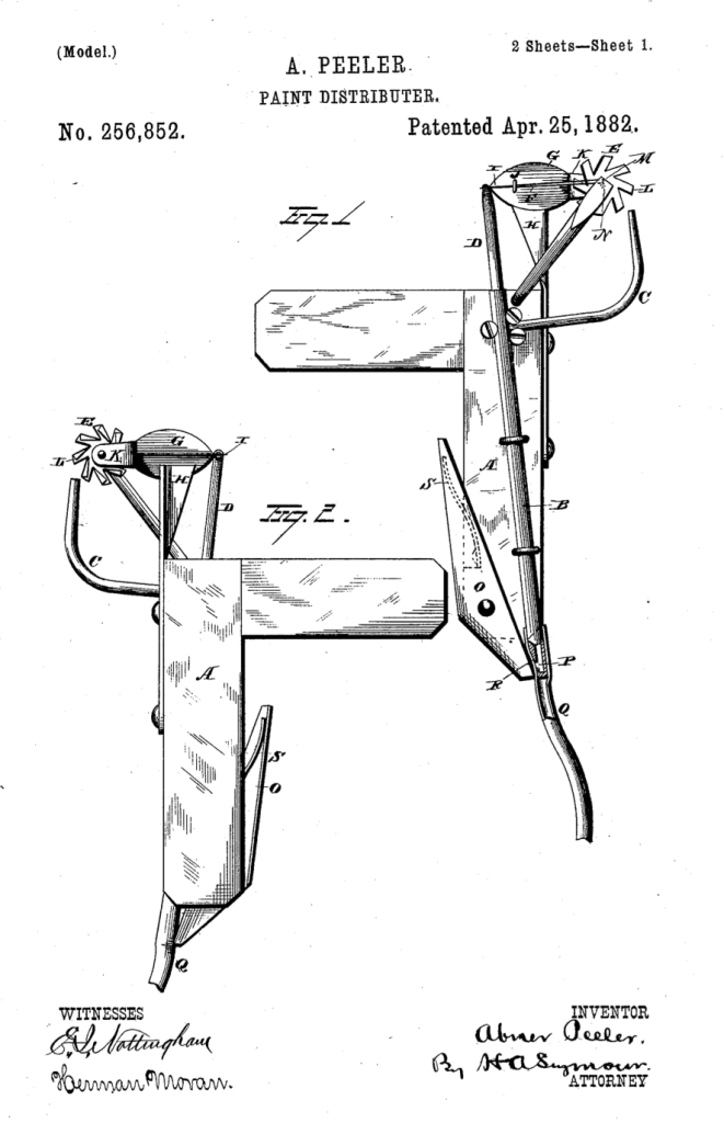 Dibujo técnico del distribuidor de pintura patentado por Abner Peeler en 1882.