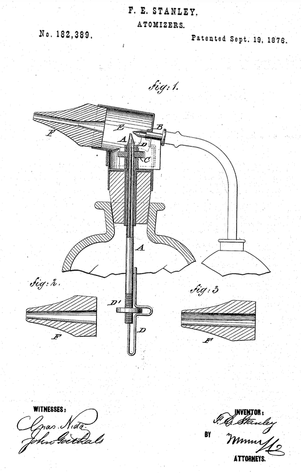 Ilustración del atomizador patentado por Francis E. Stanley en 1876. Patente estadounidense US182389A. Fuente: Google Patents.