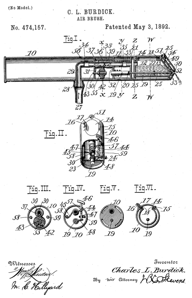Dibujo técnico del aerógrafo patentado por Charles L. Burdick en 1892.