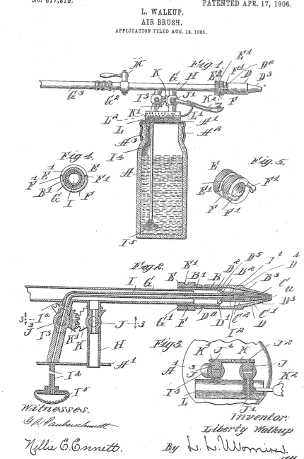 Dibujo técnico del aerógrafo patentado por Liberty Walkup en 1906.
