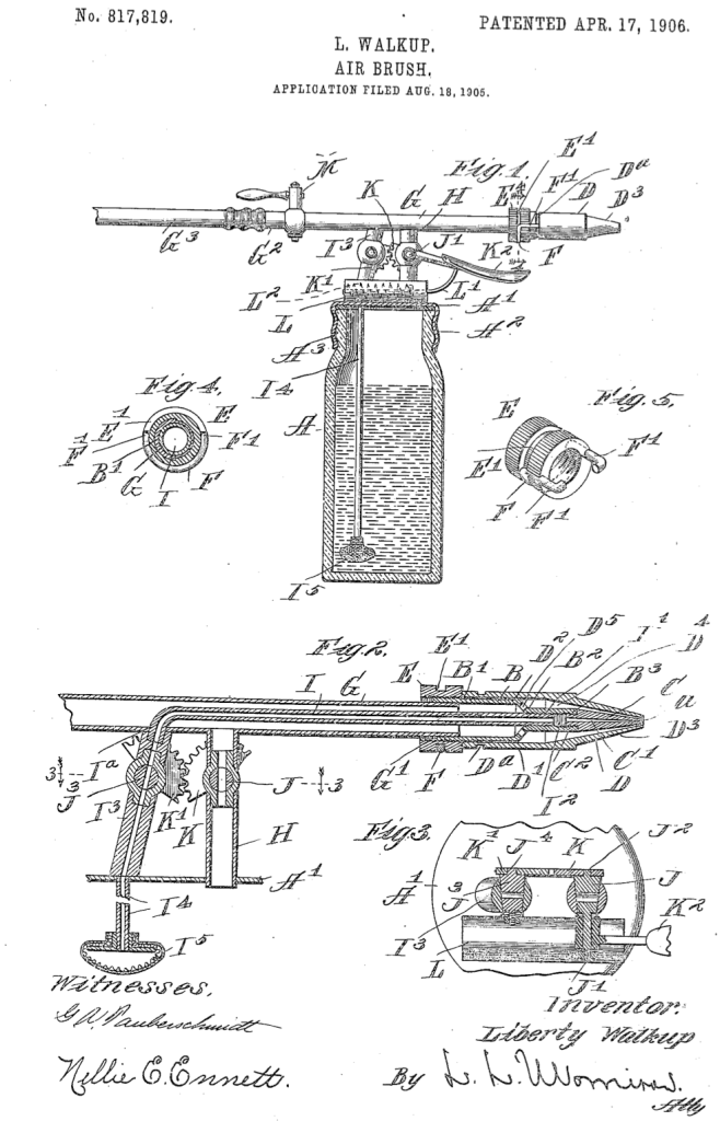 Dibujo técnico del aerógrafo patentado por Liberty Walkup en 1906.